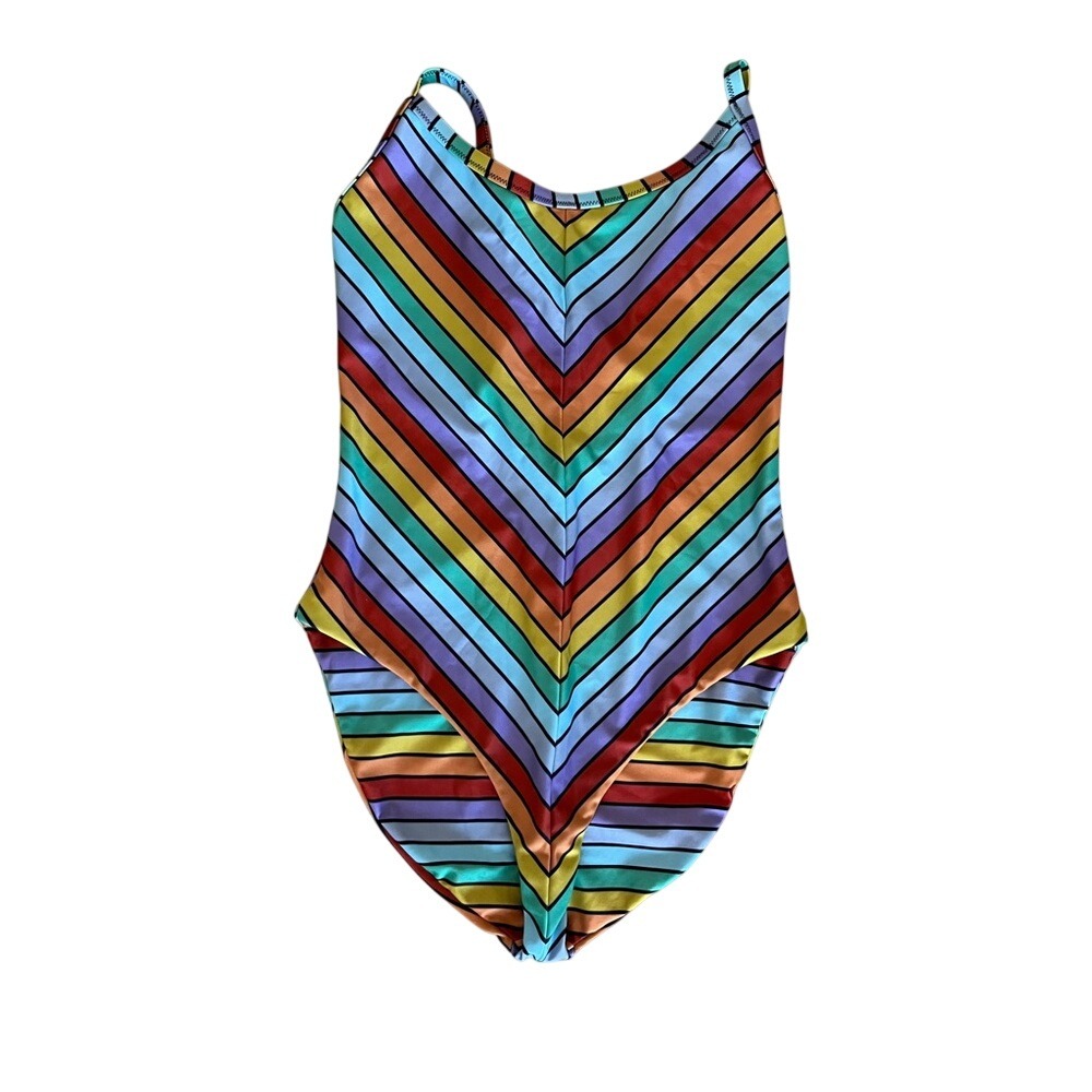 LPA x ATL Rainbow Stripe One Piece Swimsuit Colorful Bodysuit Size L 0085